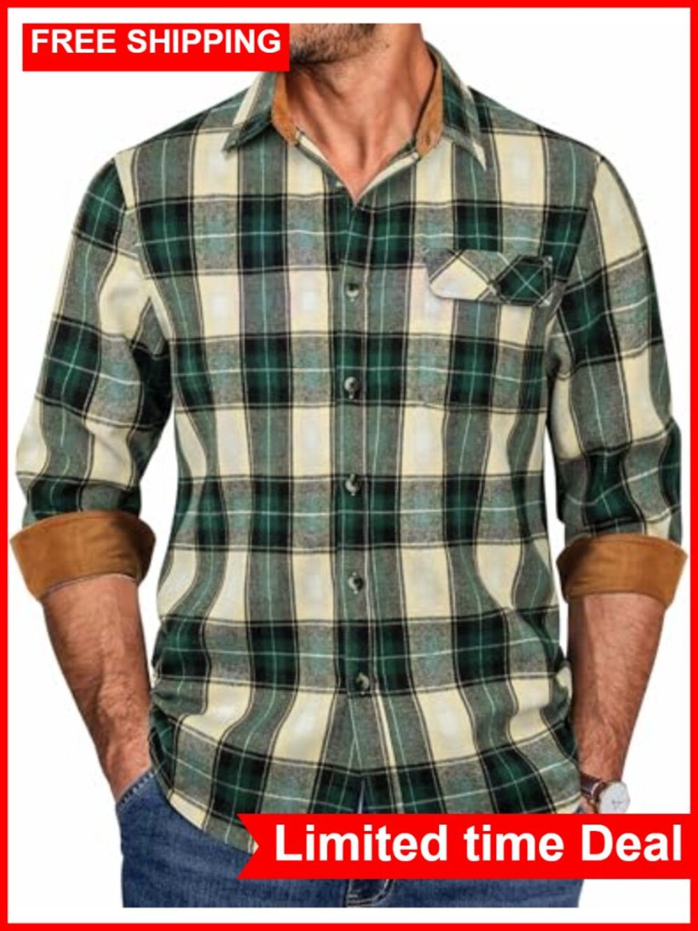 Men's Flannel Plaid Button-Up Shirt Long Sleeve Cotton